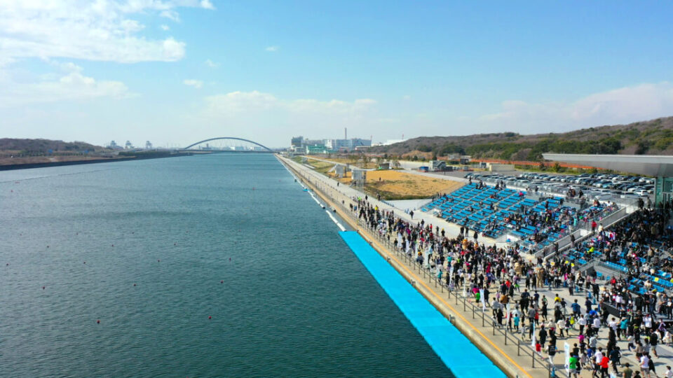 東京湾海の森水上競技場海上空撮マラソン大会